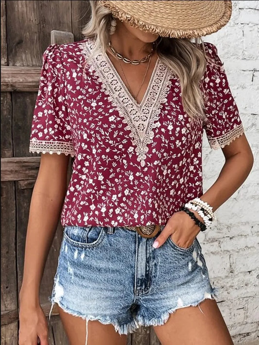 Women's V-neck lace casual solid color shirt