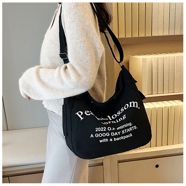 Letter canvas bag, women's new trendy tote bag, student class large capacity crossbody bag