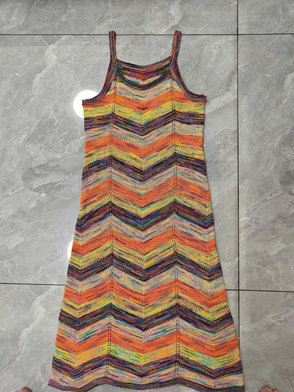 Holiday Knitted Dress Women's Summer Colorful Wave Pattern Strap Skirt Long Style Temperament V-neck Long Skirt