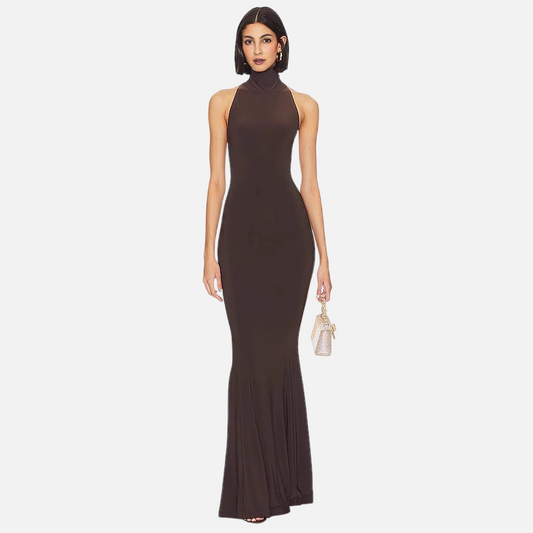 Hanging neck exposed back slim fit fashionable fishtail long dress formal dress