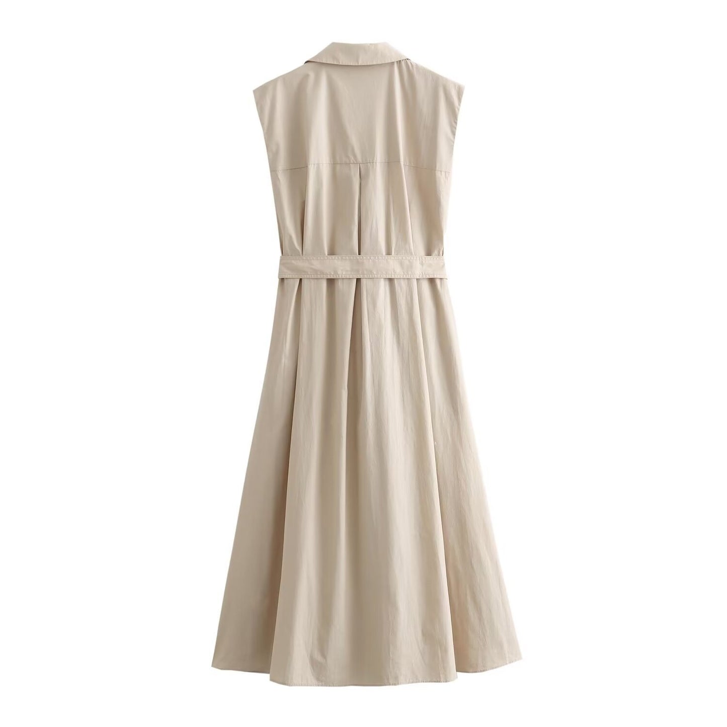 V-neck single breasted belt with pleated sleeveless shirt style dress for women