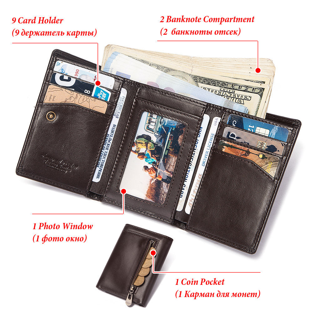 RFID Anti-Magnetic Multi Card Zipper Wallet Men Coin Purse First Layer Cowhide Men's Bag Genuine Leather Men's Wallet