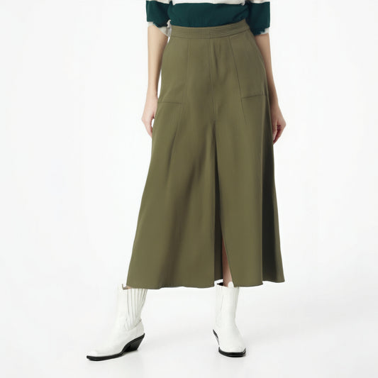 Linen blend midi skirt with pocket embellishment cape skirt