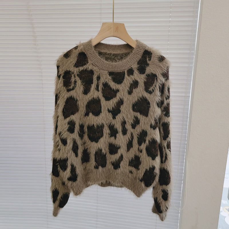 High end knitted sweater short sweater women's autumn and winter European and American style leopard print top trend