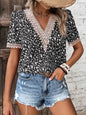 Women's V-neck lace casual solid color shirt