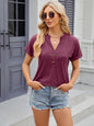 Solid color V-neck button loose short sleeved T-shirt top