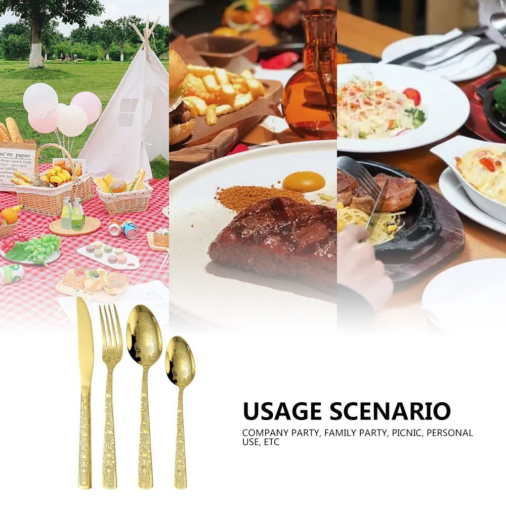 Patterned Stainless Steel Knife Fork And Spoon Cutlery 24-Piece Golden Western Steak Knife Fork And Spoon Set