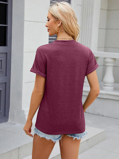 Solid color V-neck button loose short sleeved T-shirt top