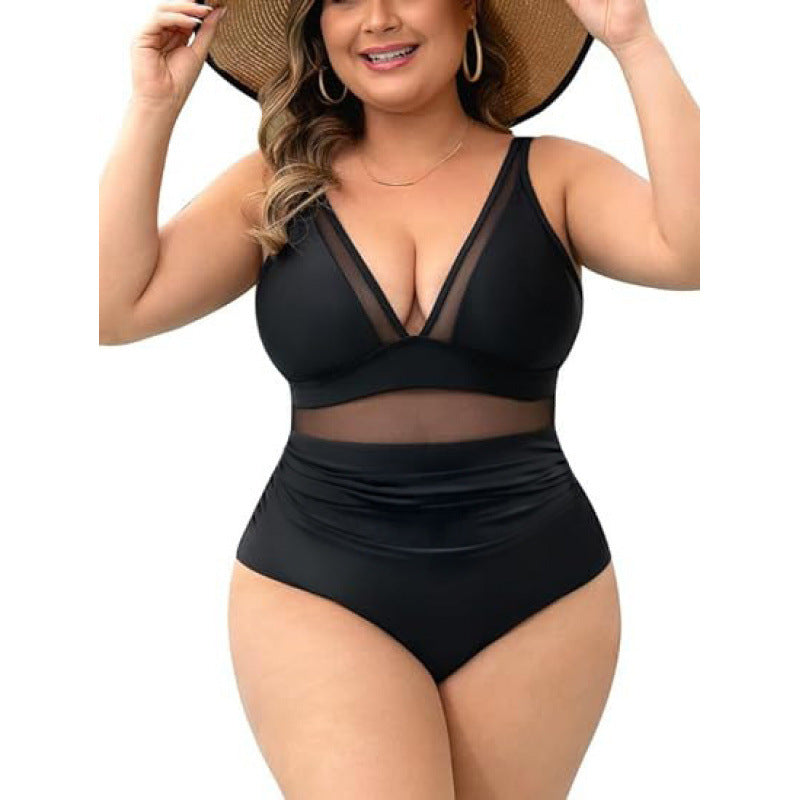 Swimsuit women's solid color sexy one-piece plus size mesh splicing beach swimsuit