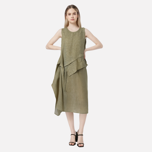 Retro Fashion Tank Top Skirt Round Neck Splicing Ruffle Edge Drawstring Mid Long Versatile Sleeveless Dress
