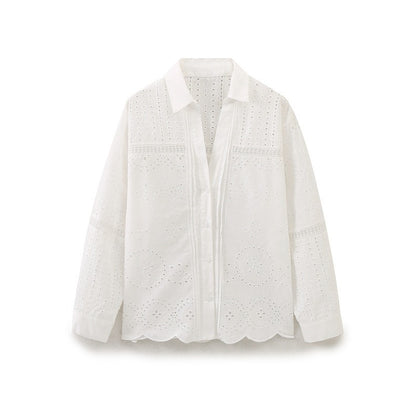 Fashionable vertical lace embroidered long sleeved loose shirt