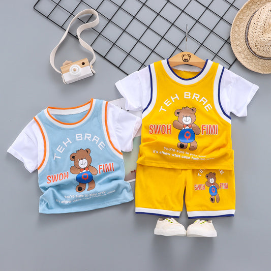 Children's Suit Summer Cartoon Bear Ball Suit Boys And Girls Fake Two-Piece Short Sleeve Shorts Baby Two-Piece Suit