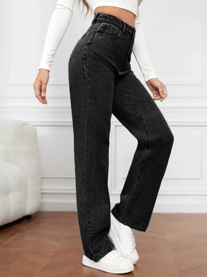 Washed denim fashionable straight leg pants long high waisted jeans pants for women
