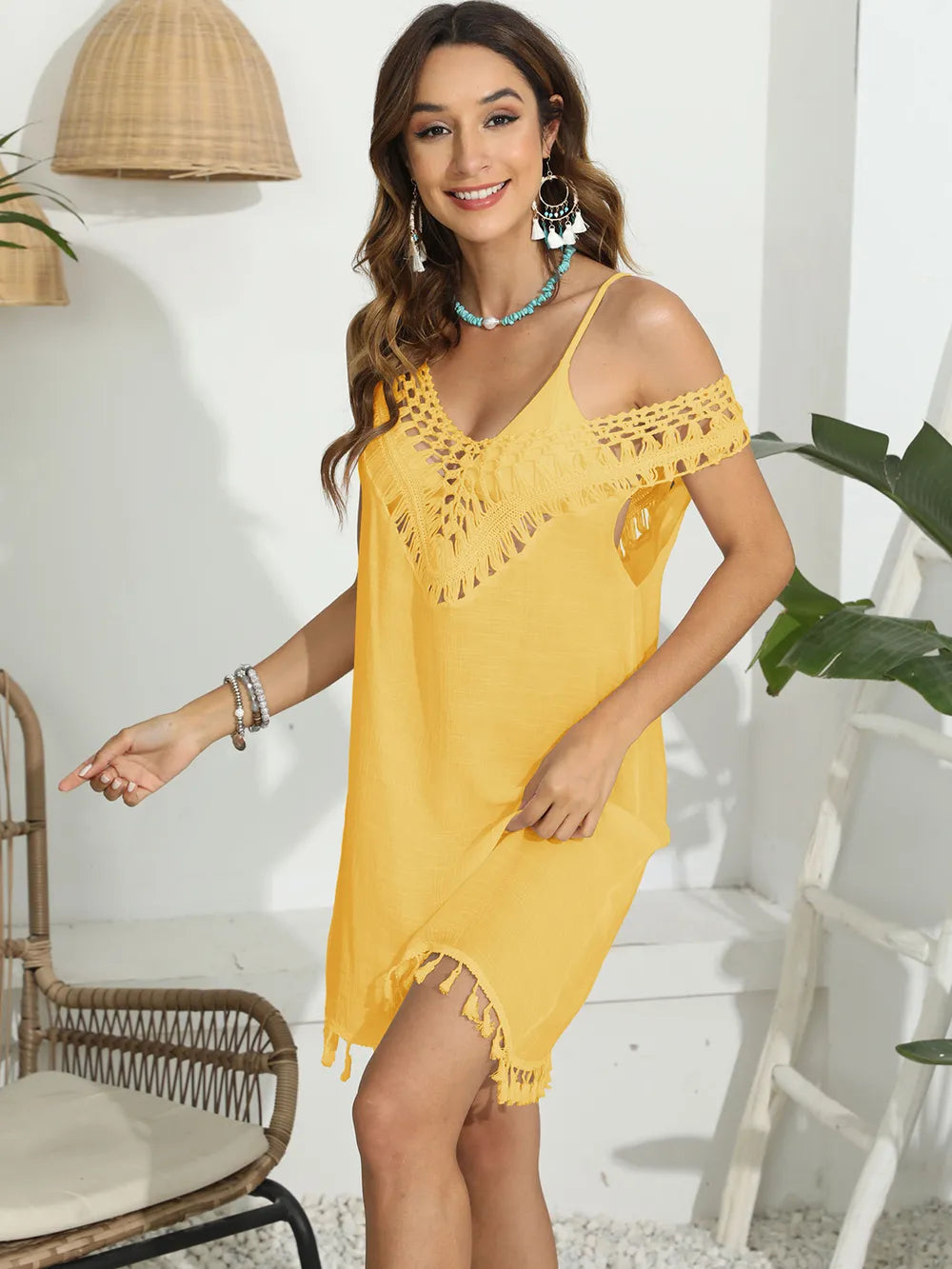 Women's hand hook splicing tassel V-neck hollow vest skirt bikini cover shirt