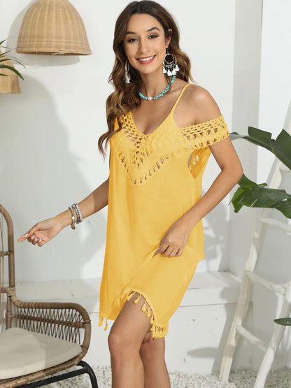 Women's hand hook splicing tassel V-neck hollow vest skirt bikini cover shirt