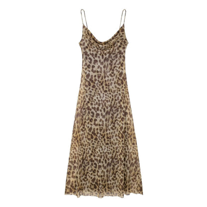 Animal print silk mesh leopard print camisole slim fit and drape dress