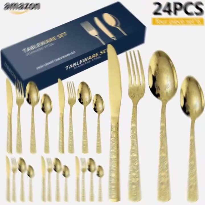 Patterned Stainless Steel Knife Fork And Spoon Cutlery 24-Piece Golden Western Steak Knife Fork And Spoon Set
