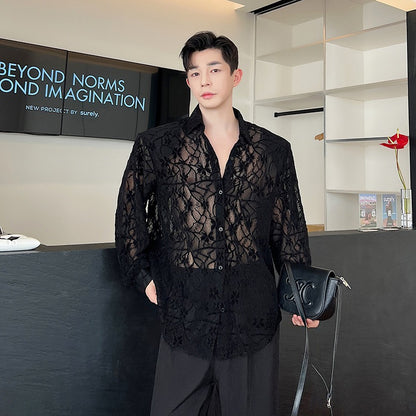 Asexual hollow embroidery jacquard micro perspective lace shirt men's front shoulder large padded shoulder long sleeved