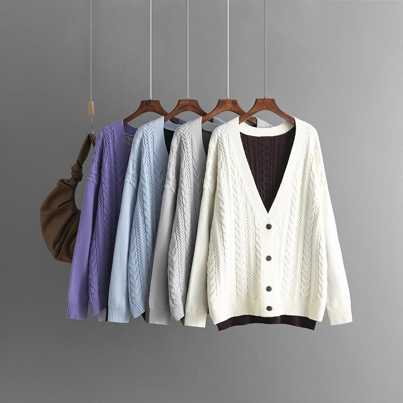 Loose color matching Fried Dough Twists V-neck knitted cardigan casual sweater coat female