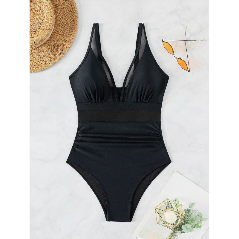 Swimsuit women's solid color sexy one-piece plus size mesh splicing beach swimsuit