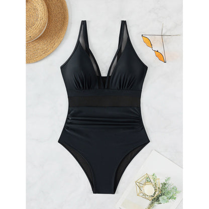 Swimsuit women's solid color sexy one-piece plus size mesh splicing beach swimsuit