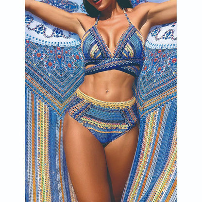 Three piece swimsuit women's tight bikini cross tie high waisted sun protection swimsuit women