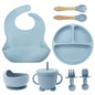 8PCS Mother and baby silicone bibs, silicone dinner plates, eight-piece set, baby food training suction cup bowl, baby divided tableware set
