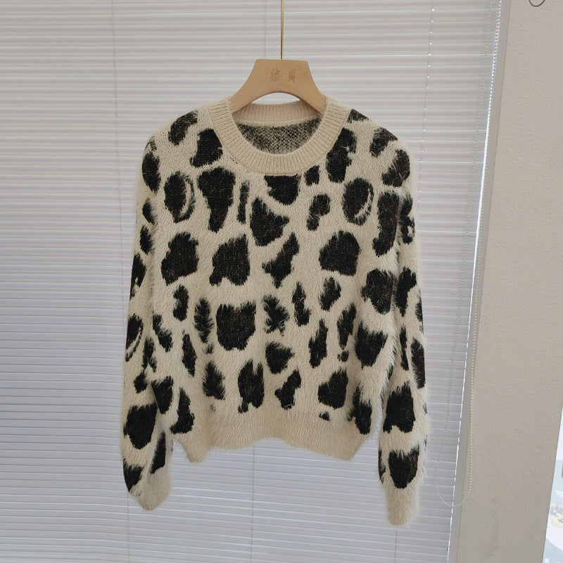 High end knitted sweater short sweater women's autumn and winter European and American style leopard print top trend