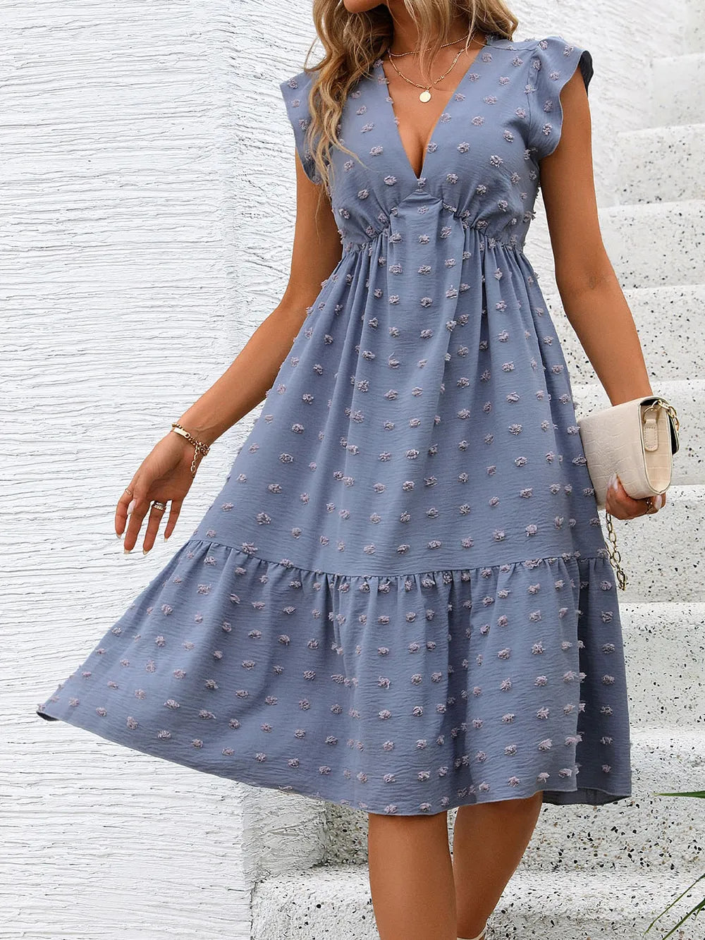 Lotus leaf sleeve skirt summer foreign trade blue loose jacquard dress