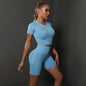 Peach buttocks solid color high elasticity yoga short sleeved shorts set fitness two-piece set