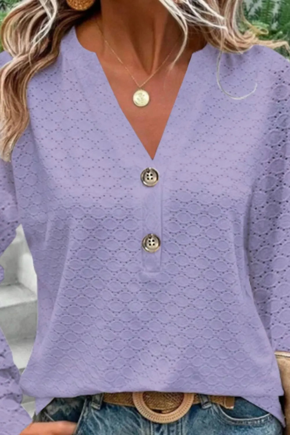 New Women's Fashion Casual Solid Color Button V-neck Long Sleeve