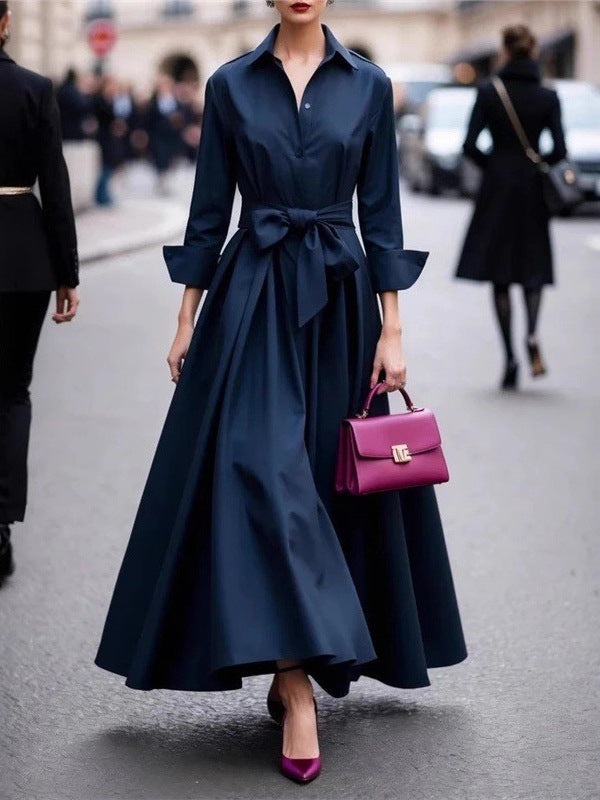 Solid color lace up POLO collar dress jacket long skirt coat