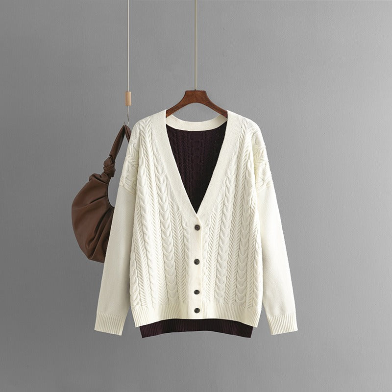 Loose color matching Fried Dough Twists V-neck knitted cardigan casual sweater coat female