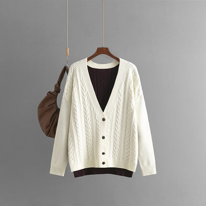 Loose color matching Fried Dough Twists V-neck knitted cardigan casual sweater coat female