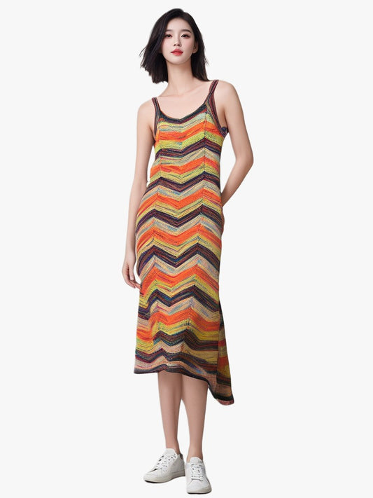 Holiday Knitted Dress Women's Summer Colorful Wave Pattern Strap Skirt Long Style Temperament V-neck Long Skirt