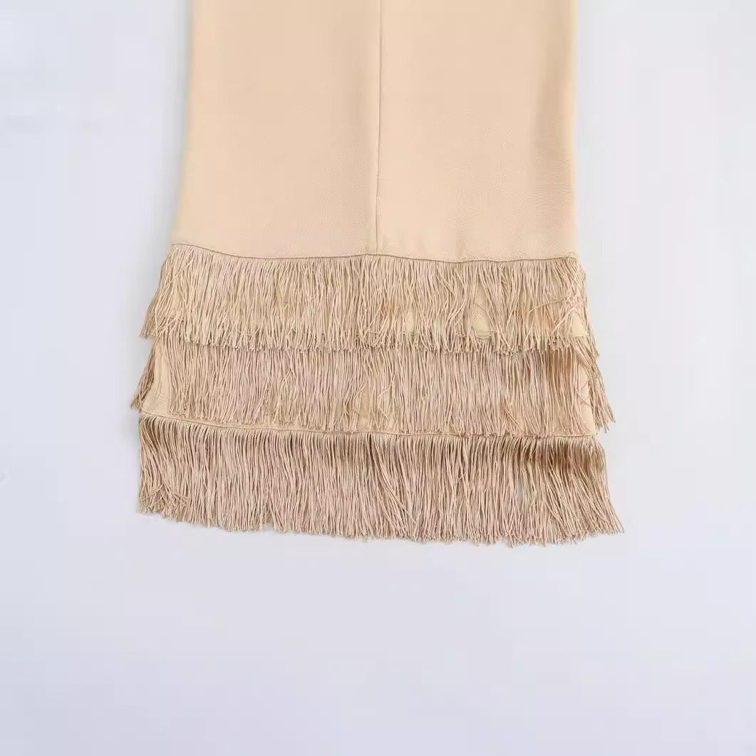 Hooded V-neck sleeveless hollow suspender tassel long dress