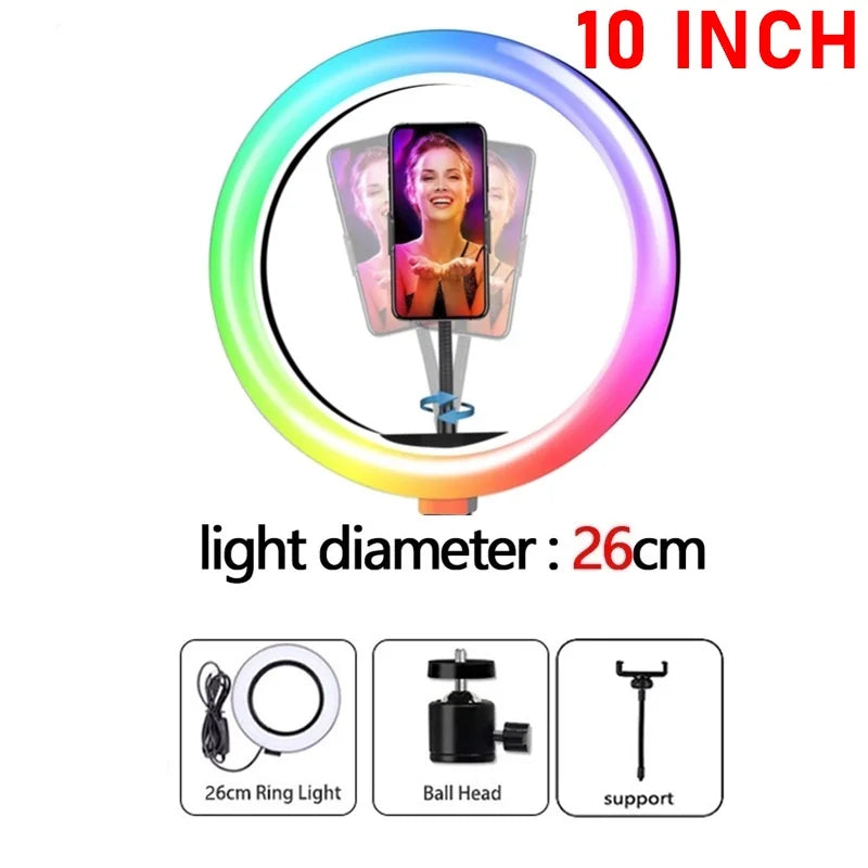 10inch RGB LED Ring Light Phone holder with Stand Flash Rainbow Color Selfie Vlogging YouTube Live Studio Accessories Fill Light