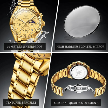 OLEVS 3618 Luxury Golden Stainless Steel Strap Watch for Men's Quartz Movement Male Wrist Clock Business Luminous Hands Function