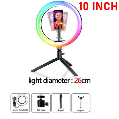 10inch RGB LED Ring Light Phone holder with Stand Flash Rainbow Color Selfie Vlogging YouTube Live Studio Accessories Fill Light