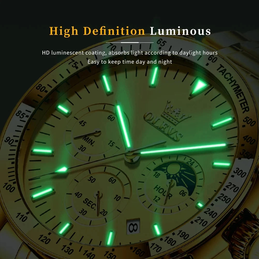 OLEVS 3618 Luxury Golden Stainless Steel Strap Watch for Men's Quartz Movement Male Wrist Clock Business Luminous Hands Function