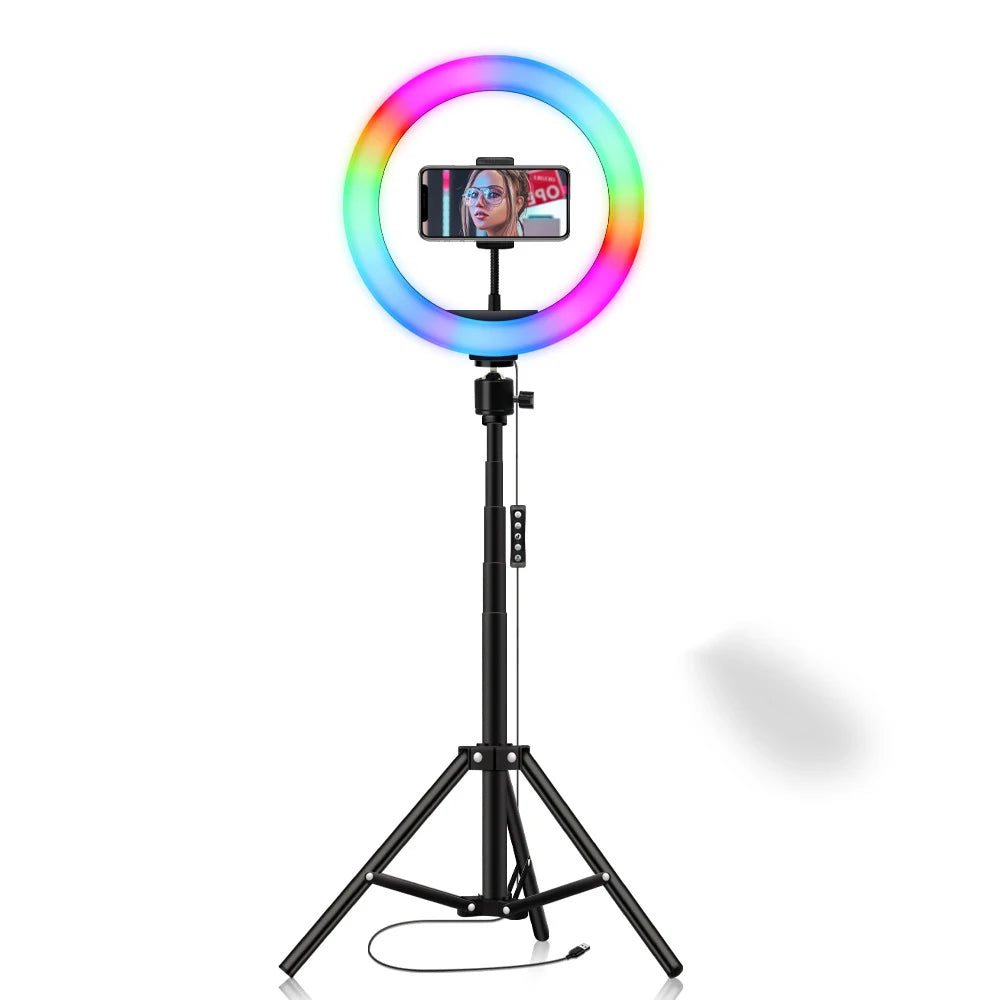 10inch RGB LED Ring Light Phone holder with Stand Flash Rainbow Color Selfie Vlogging YouTube Live Studio Accessories Fill Light