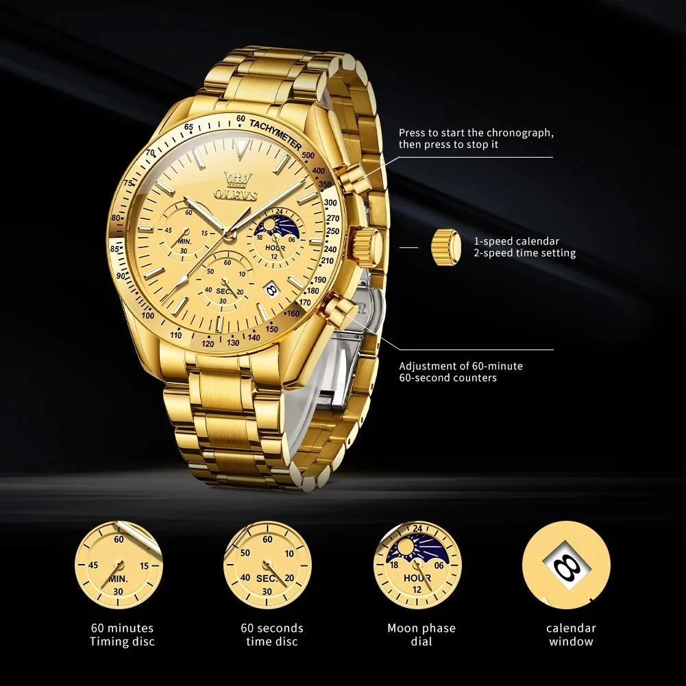 OLEVS 3618 Luxury Golden Stainless Steel Strap Watch for Men's Quartz Movement Male Wrist Clock Business Luminous Hands Function