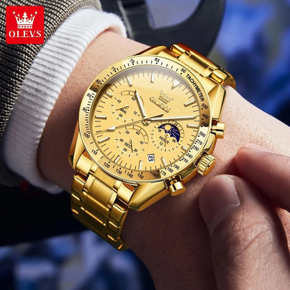 OLEVS 3618 Luxury Golden Stainless Steel Strap Watch for Men's Quartz Movement Male Wrist Clock Business Luminous Hands Function