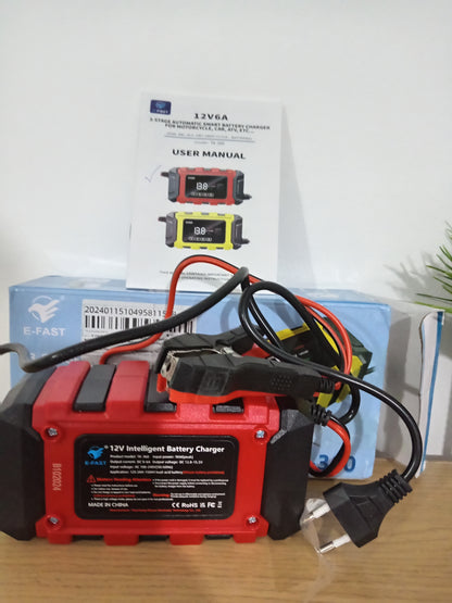 E-FAST TK-360 12V 6A Smart Battery Charger 3-Stage Car Motorcycle Repair Mode EU 2-Pin Plug