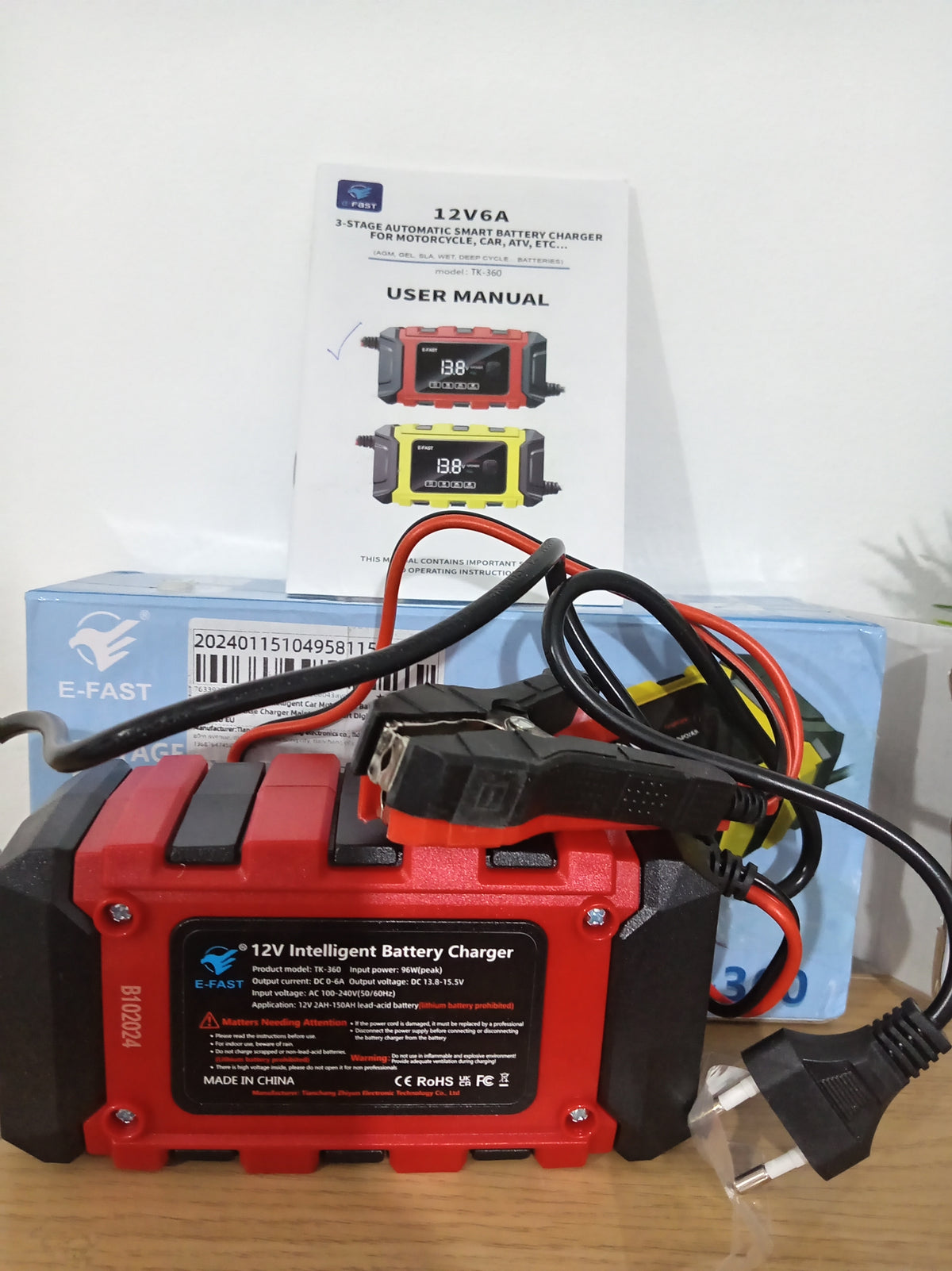 E-FAST TK-360 12V 6A Smart Battery Charger 3-Stage Car Motorcycle Repair Mode EU 2-Pin Plug