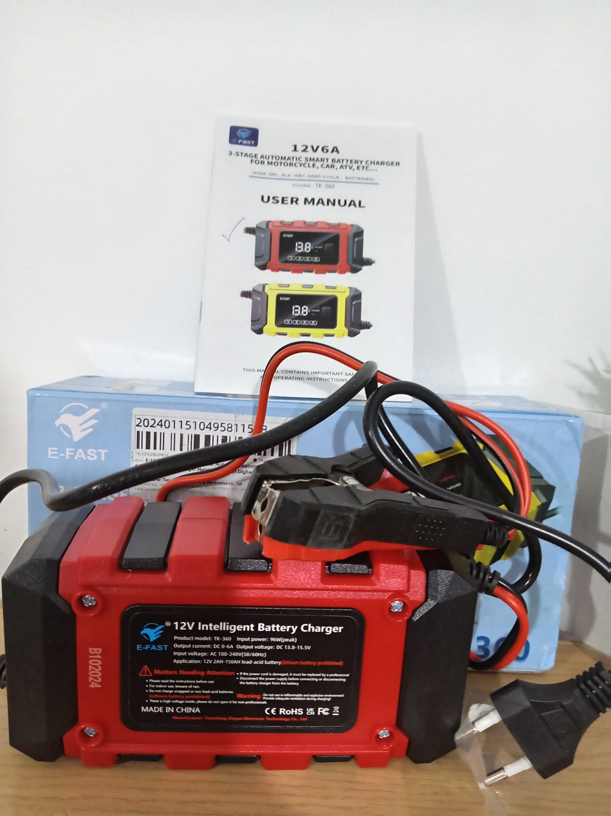 E-FAST TK-360 12V 6A Smart Battery Charger 3-Stage Car Motorcycle Repair Mode EU 2-Pin Plug