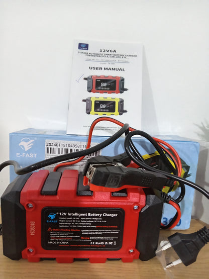 E-FAST TK-360 12V 6A Smart Battery Charger 3-Stage Car Motorcycle Repair Mode EU 2-Pin Plug