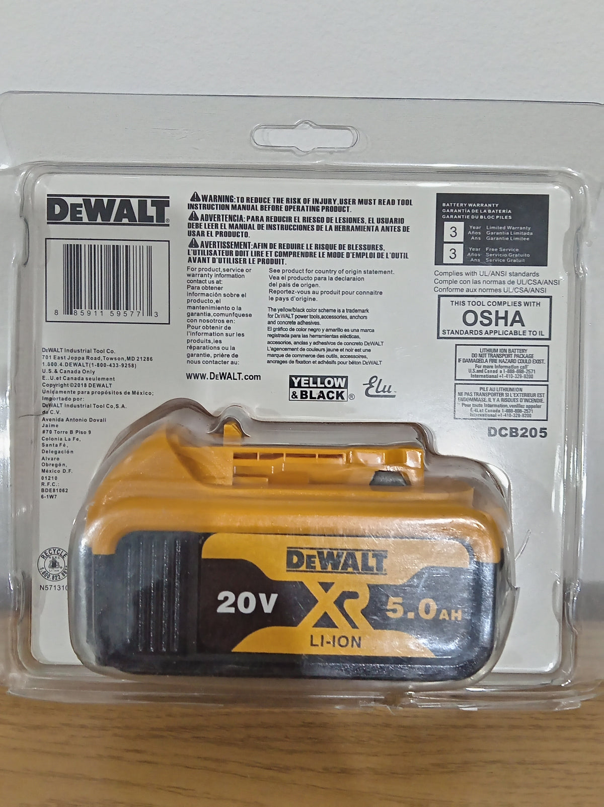 DEWALT DCB205 20V MAX XR 5.0Ah Lithium-Ion Battery 100Wh Fuel Gauge Cordless Power Tool Battery