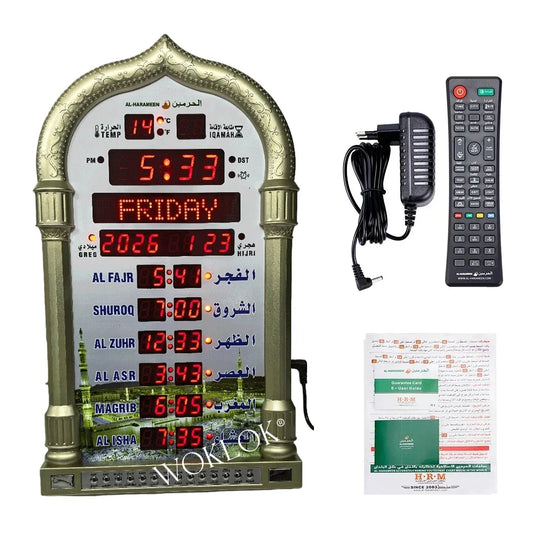 12V Azan Mosque Calendar Muslim Prayer Wall Clock Alarm Islamic Mosque Azan Calendar Ramadan Home Decor with Remote Control