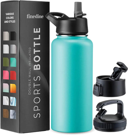 FineDine Triple Walled, Insulated Water Bottles with Straw - 32 Oz Stainless Steel Metal Bottle W/ 3 Leak Proof